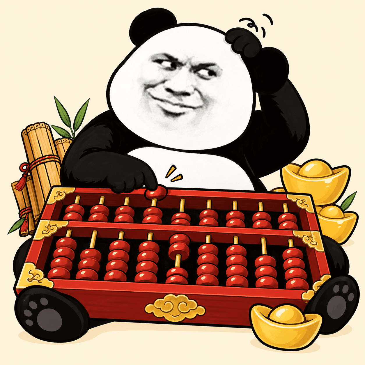 A smug Biaoqing panda attempting to count on a giant Chinese abacus