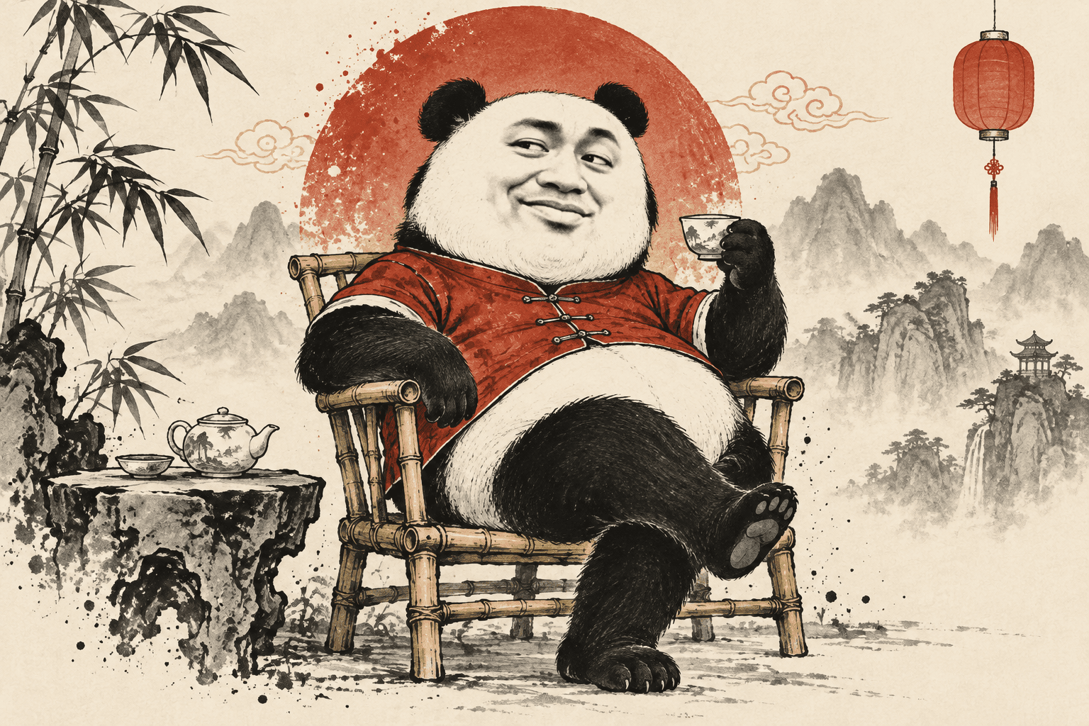 Biao enjoying tea without a care in the world