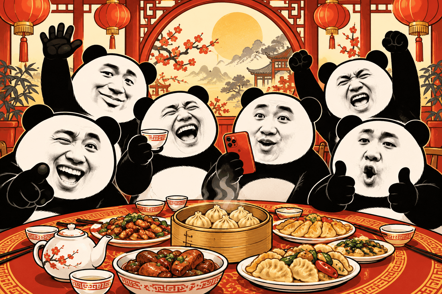 Six Biaoqing pandas welcoming the community around a Chinese dumpling banquet