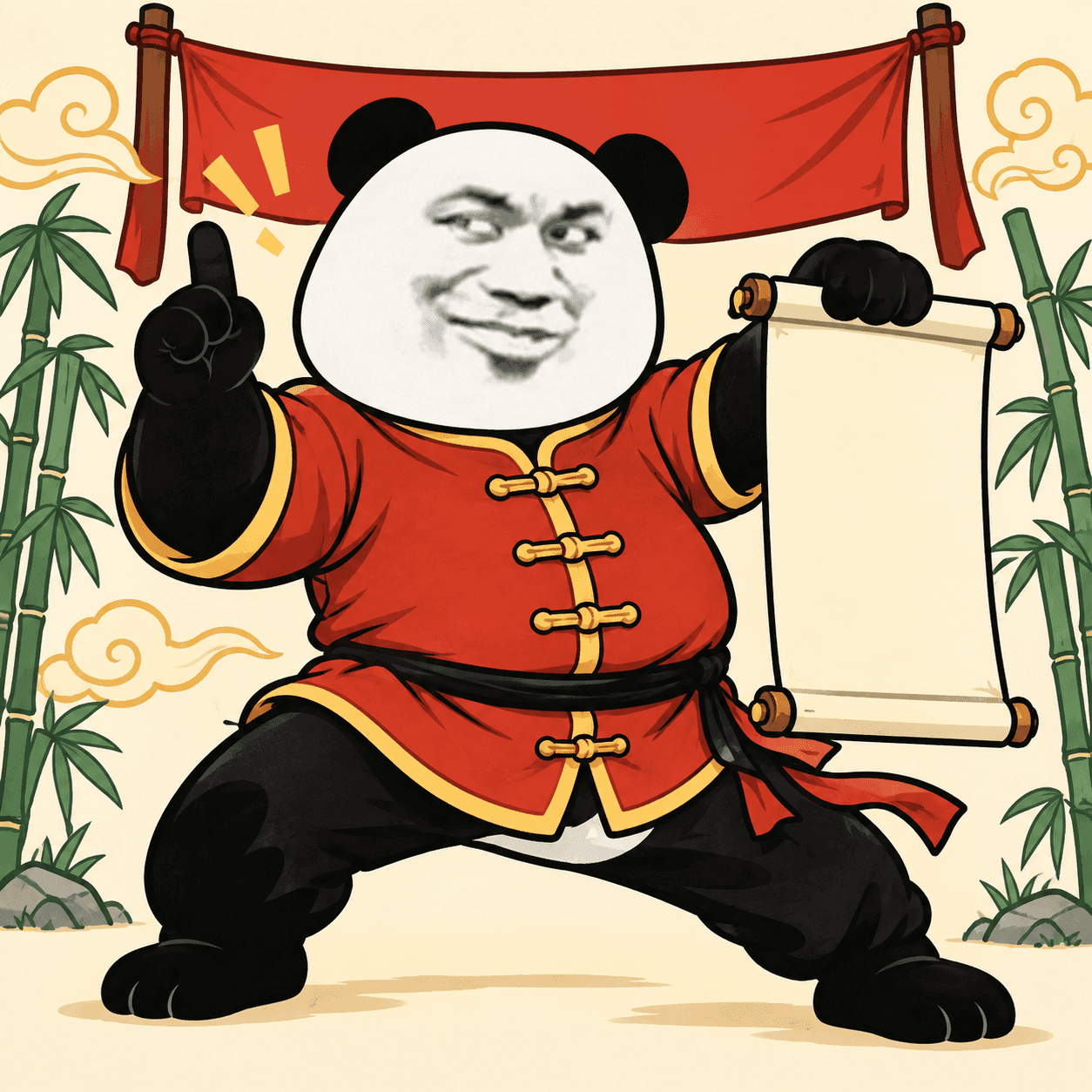 A comically overconfident panda kung fu instructor presenting a blank scroll