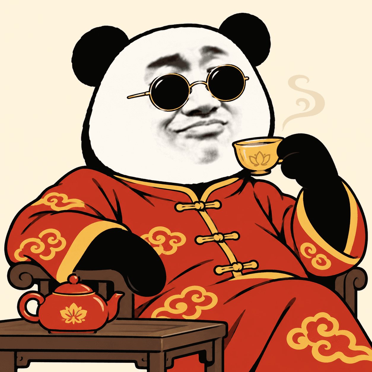 An unbothered Biao wearing sunglasses and sipping tea