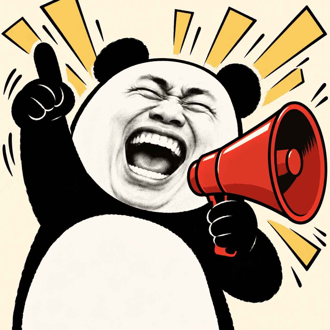 A laughing Biao shouting through a red megaphone
