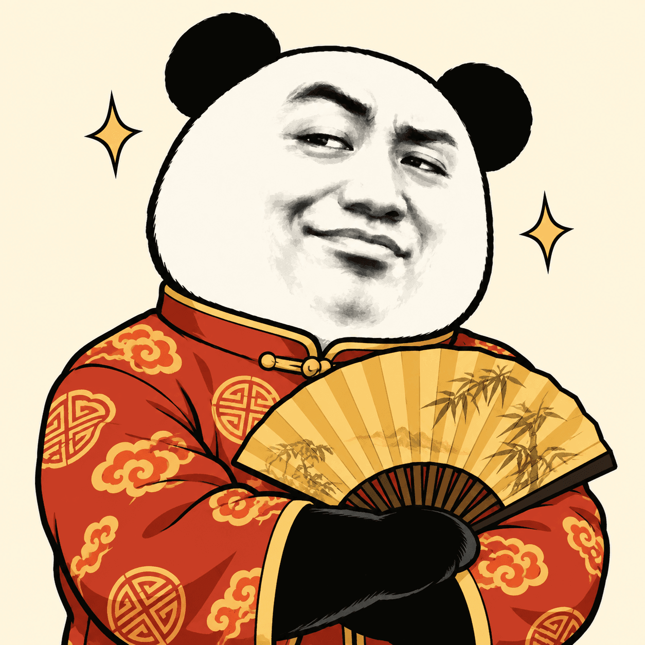 A smug Biao in a red Chinese jacket holding a golden folding fan