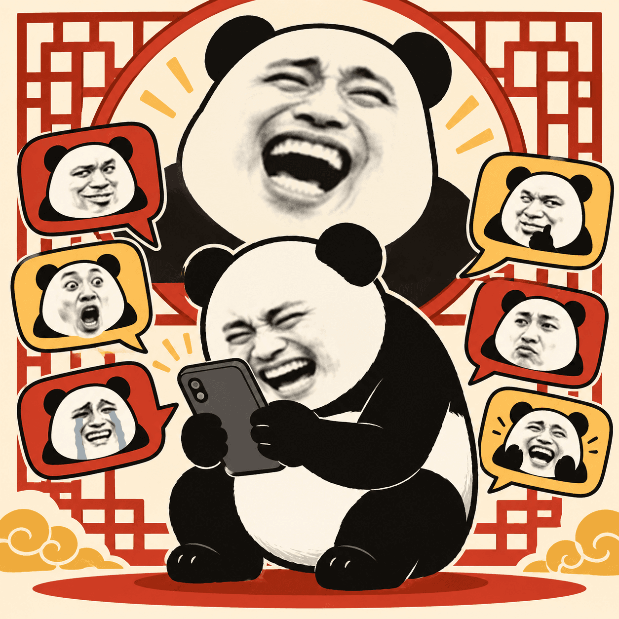 Biao sharing panda reactions in a chaotic group chat