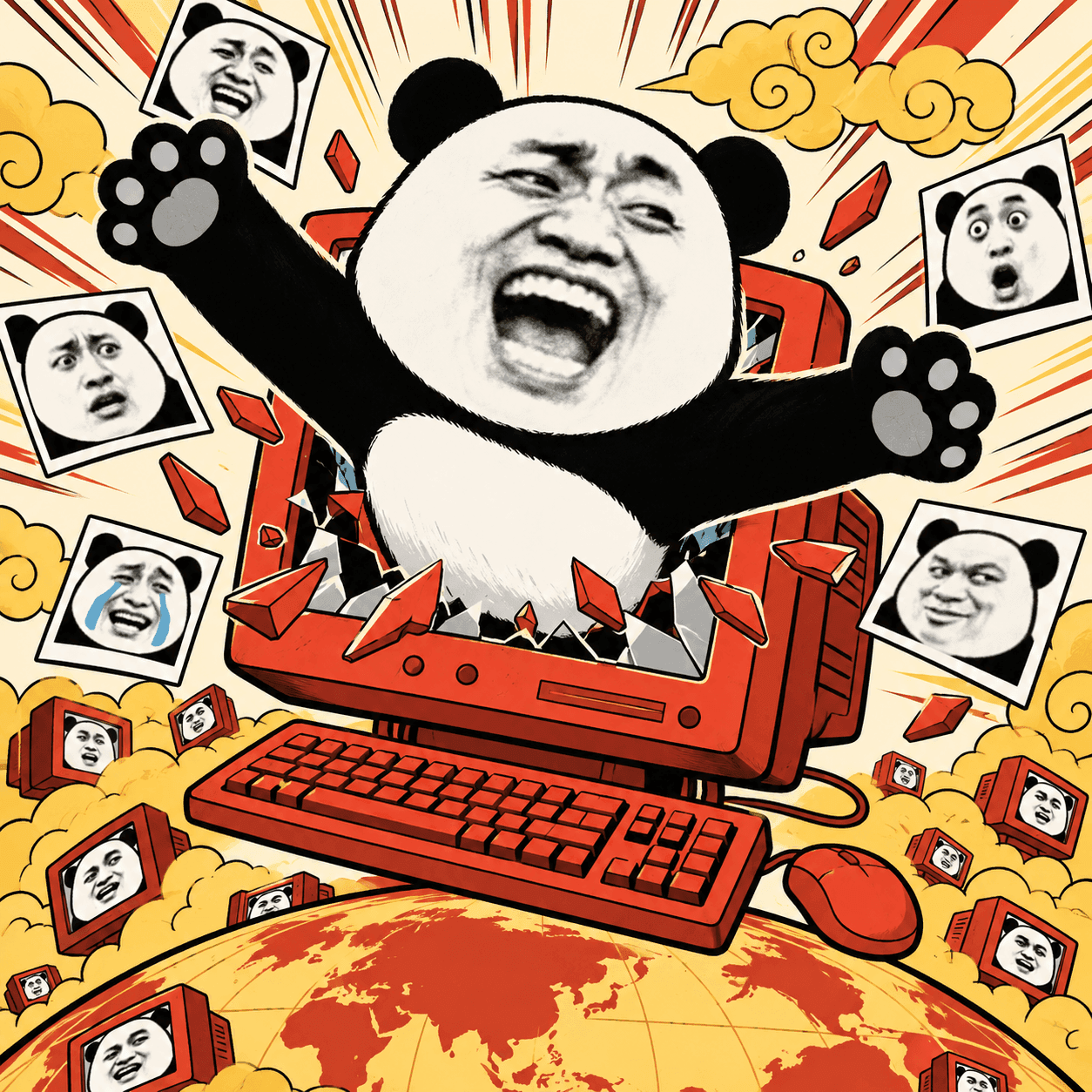 Biao bursting out of a red computer as reaction memes spread online