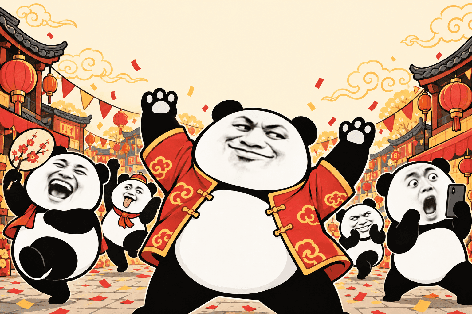 A chaotic Chinese street parade of laughing, smug and shocked Biaoqing pandas beneath red lanterns